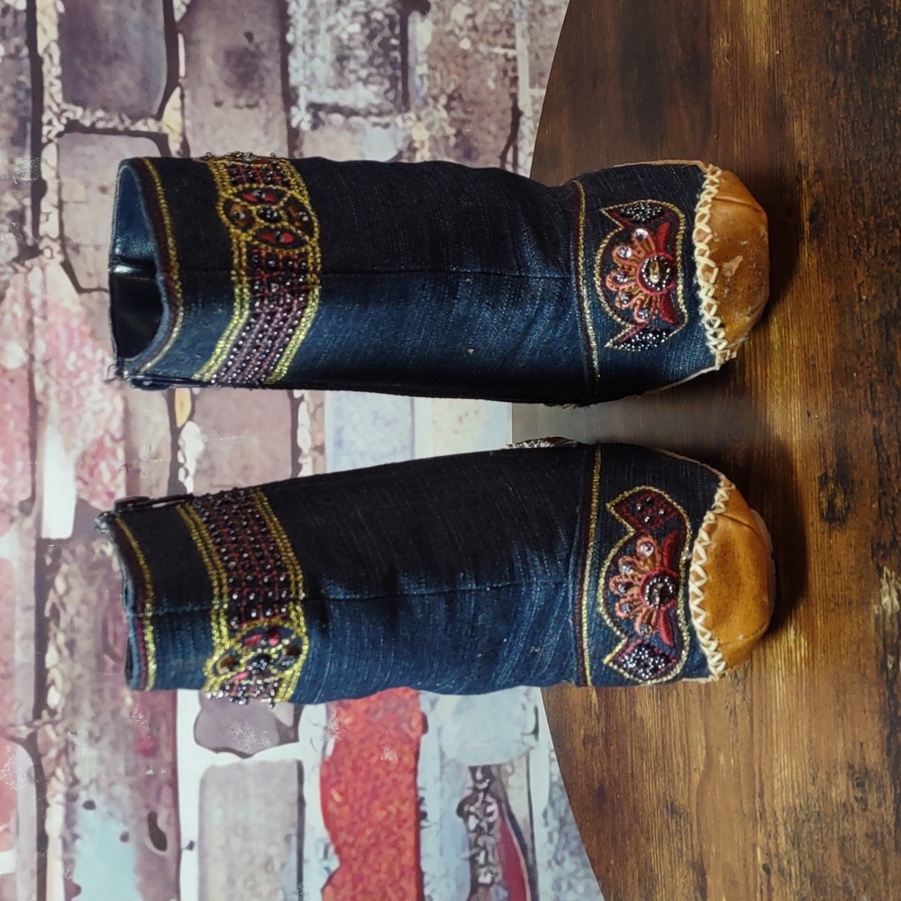 Bamboo Embellished Denim Moccasin Style Ankle Boots - Picture 6 of 16